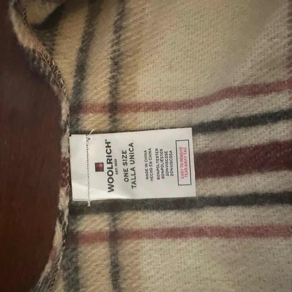 Woolrich Plaid Poncho Blanket Shawl open‎ front striped fringe trim one size